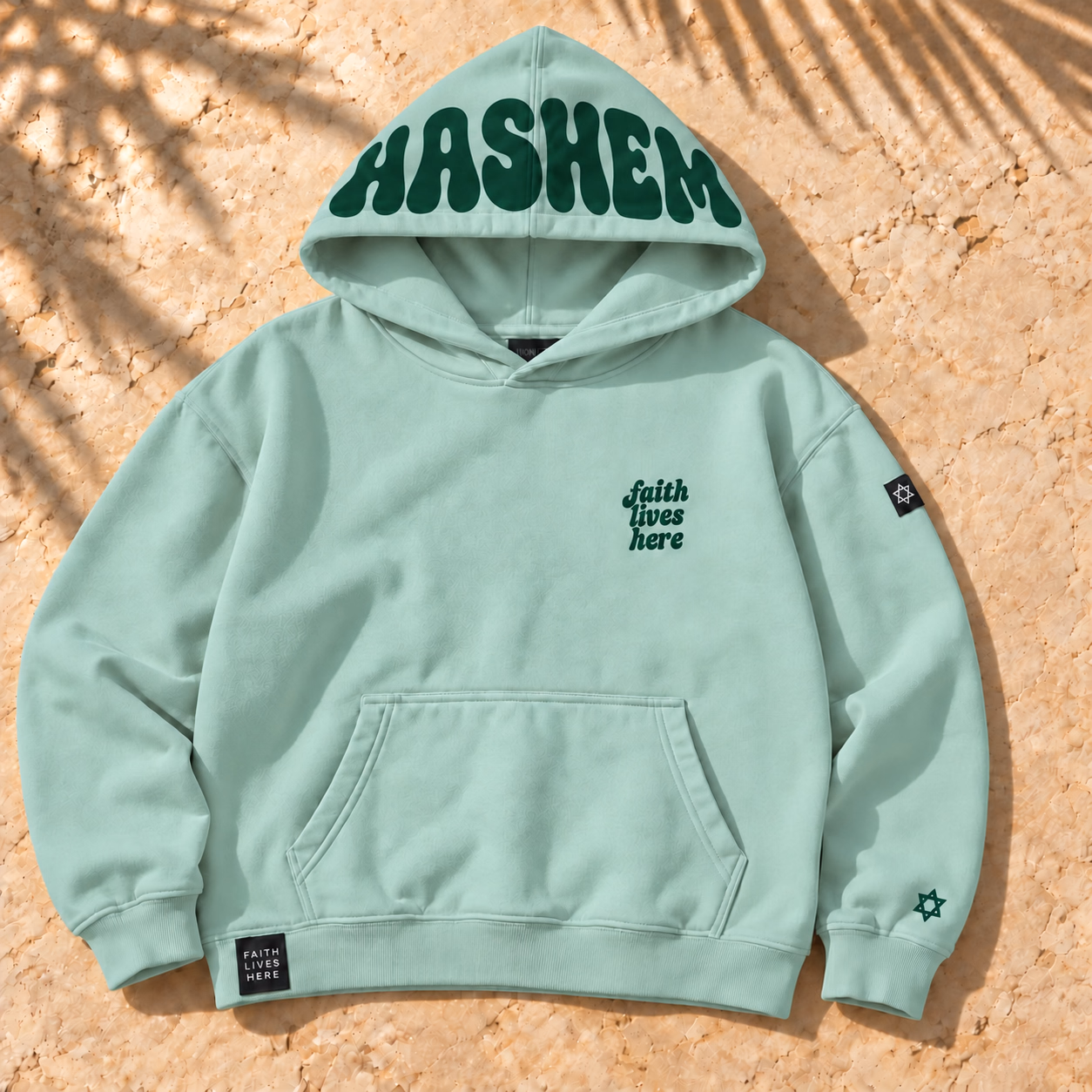 Sea-glass Hashem Afterglow Hoodie with forest-green hood lettering