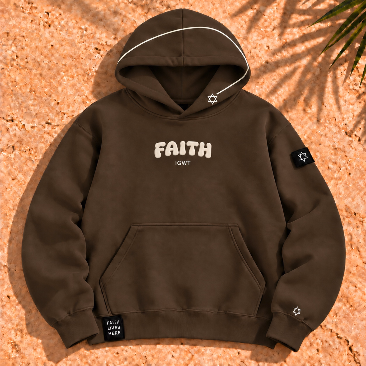The Faith Arc Hoodie in espresso brown, with subtle ivory FAITH bubble lettering and Star of David hood details